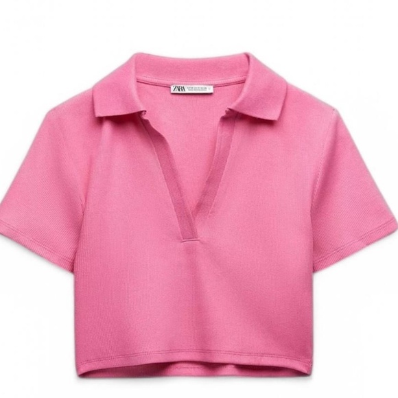 Women's Zara Cropped Hot Pink Ribbed Polo Shirt - SMALL - Picture 4 of 10